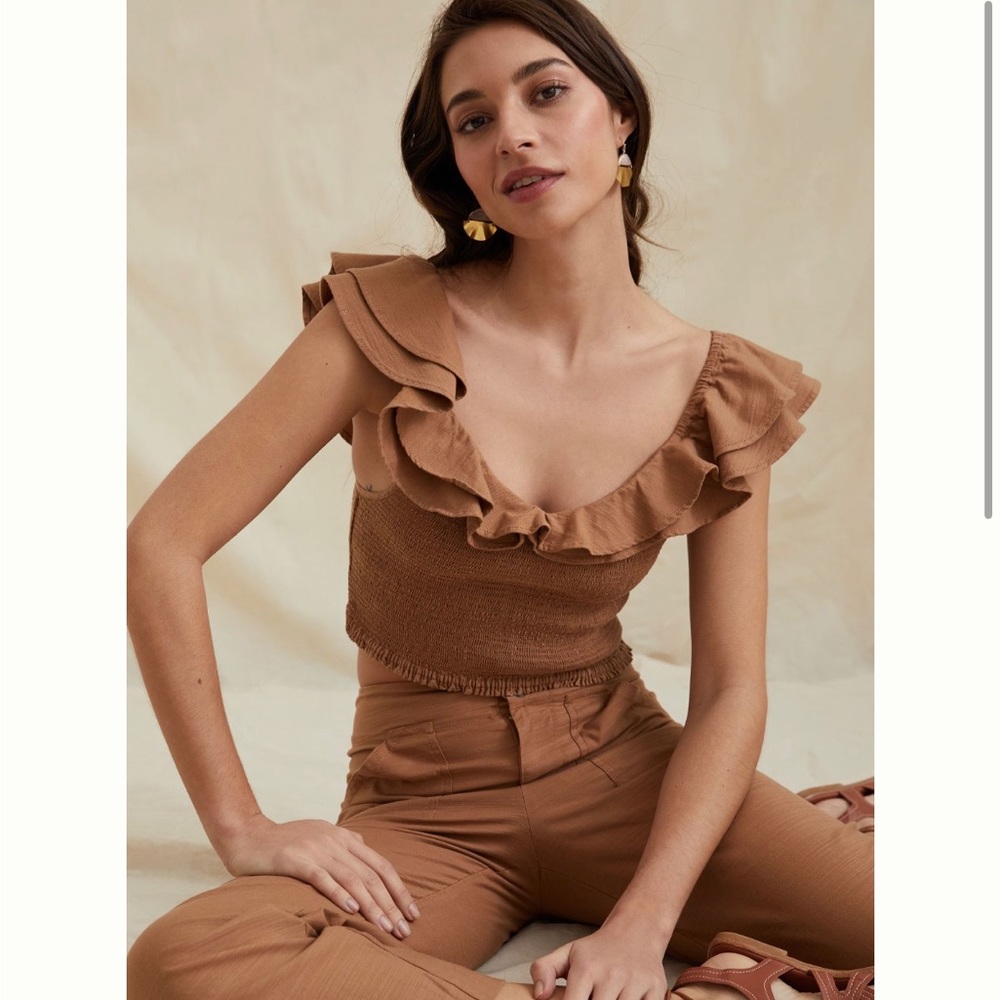 Anthropologie Maeve Brown Smocked Ruffle Top NWT Size 12